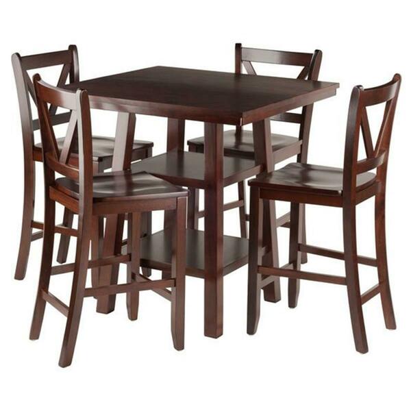 Winsome Trading 5 Piece Orlando High Table 2 Shelves with 4 V-Back Counter Stools Set, Walnut 94554